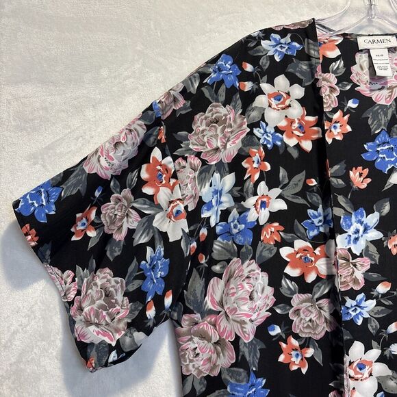 Carmen Women's Swimsuit Coverup Black Tropical Floral Fringe Open Front Kimono - Picture 2 of 12